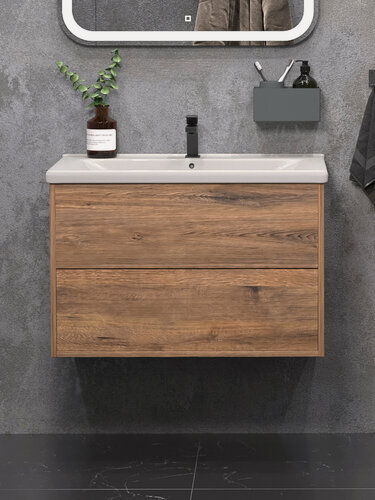 Изображение товара Тумба подвесная SanStar Siva 80 с раковиной Миранда 80 (комплект) для ванной комнаты, Дуб веллингтон табак