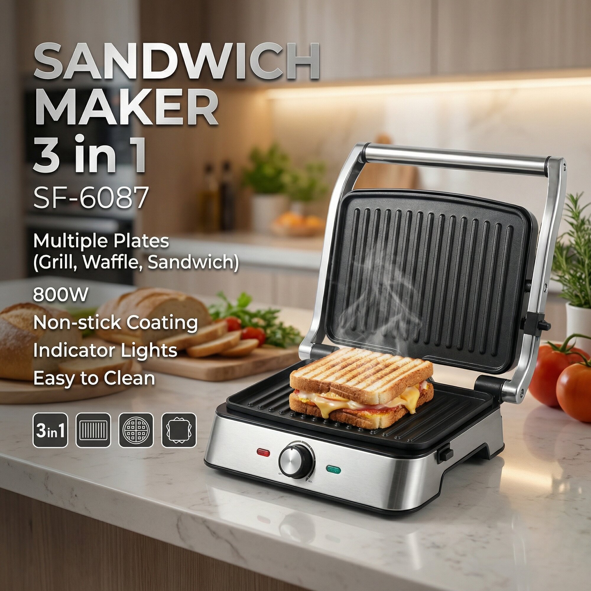 Сендвичница-тостер-вафельница Sonifer SF-6087, 3 в 1, антипригарное покрытие