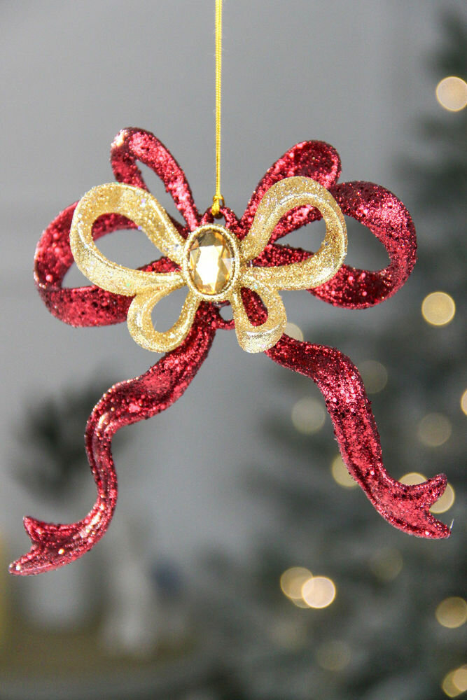 Акриловая ёлочная игрушка бант-желание, бордовый с золотым, 13 см, Forest Market 210760