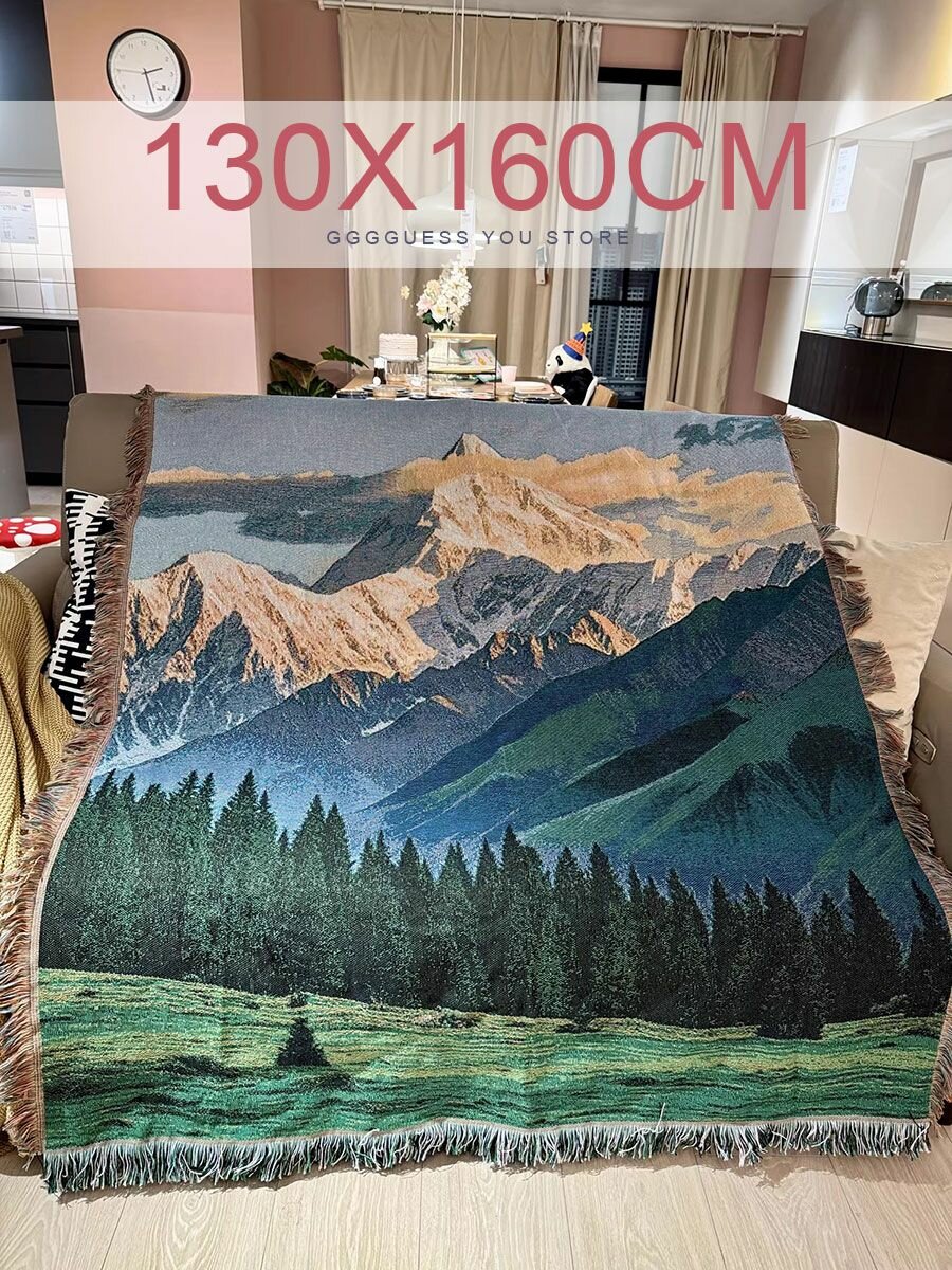 Плед 130x160 см вата вязаный, для пикника горы темно-зеленый