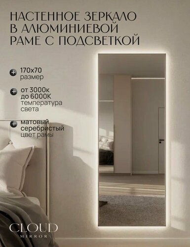 Изображение товара Зеркало 170х70 см. CLOUD MIRROR с подсветкой настенное сенсорное в алюминиевой раме, Серебро