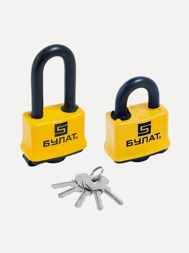 Изображение товара Замок навесной Булат, ВС 0350/0350-01, 13 461, блистер, цилиндровый, желтый, 62 мм, под один ключ компл- 2шт, 5 ключей