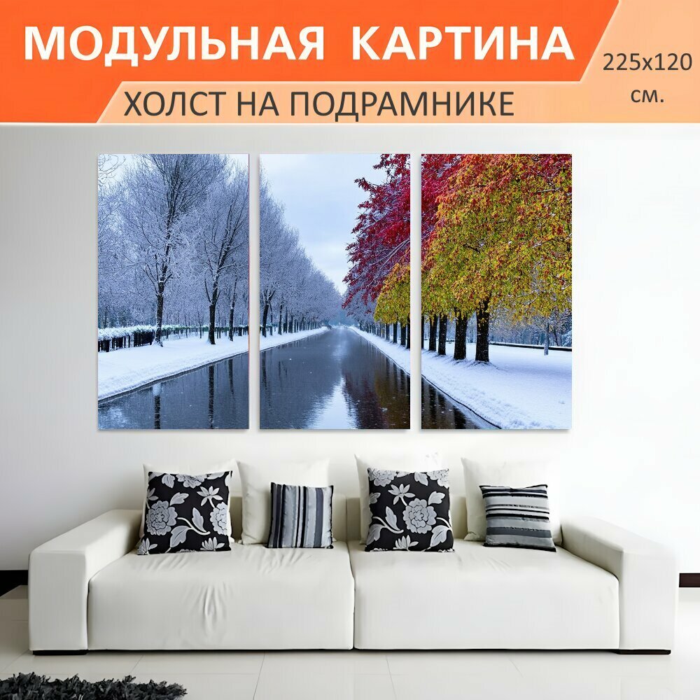 Модульная картина на холсте "Заснеженная аллея с рядами деревьев, покрытых инеем, под зимним небом, отражение деревьев в воде с." триптих на подрамнике 225х120 см. для интерьера