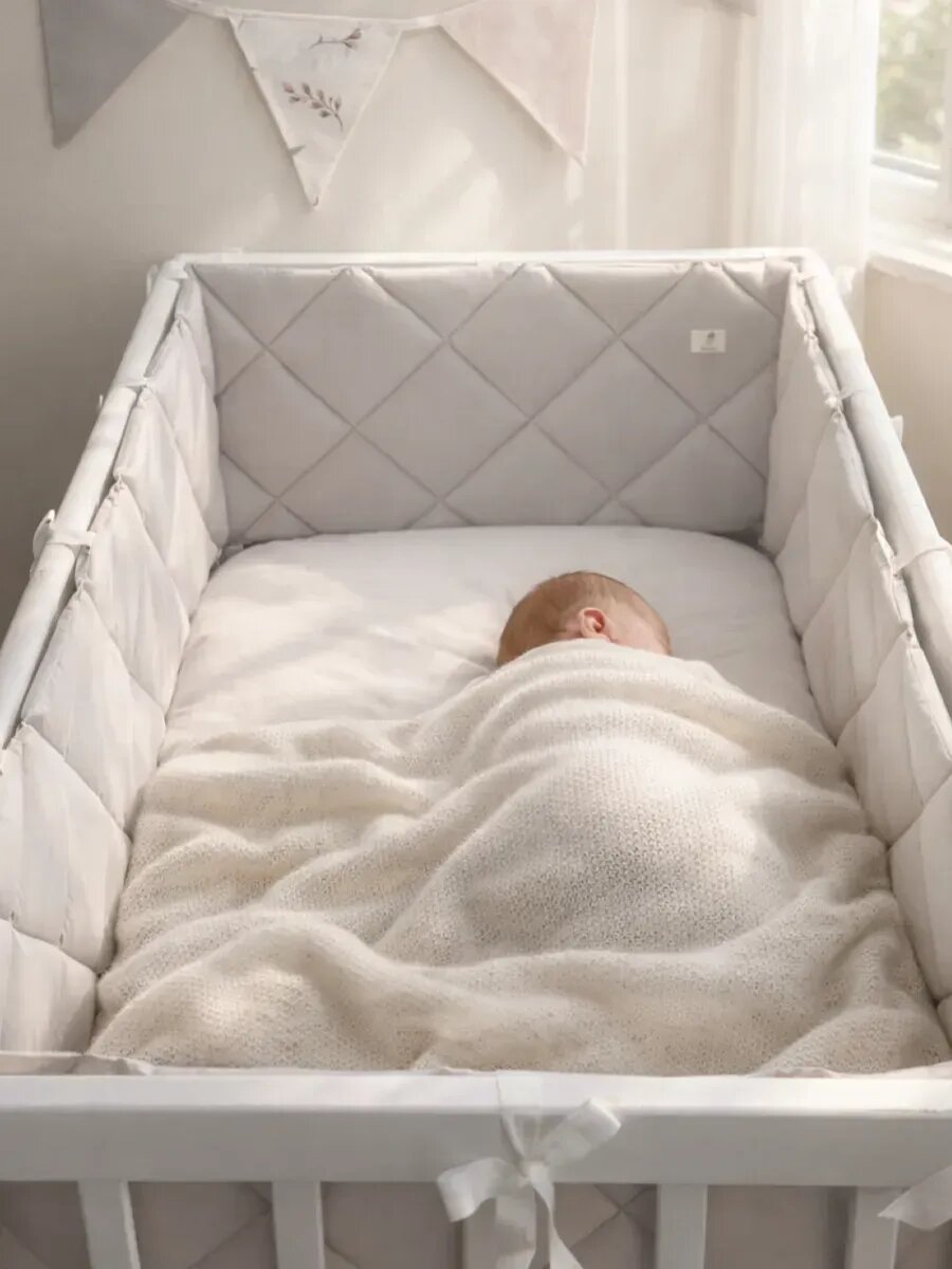 Бортики в кроватку для новорождённых стеганые MamiBro, 100% хлопок, перламутровый, 60х30 см - 2 шт, 120х30 см - 2 шт
