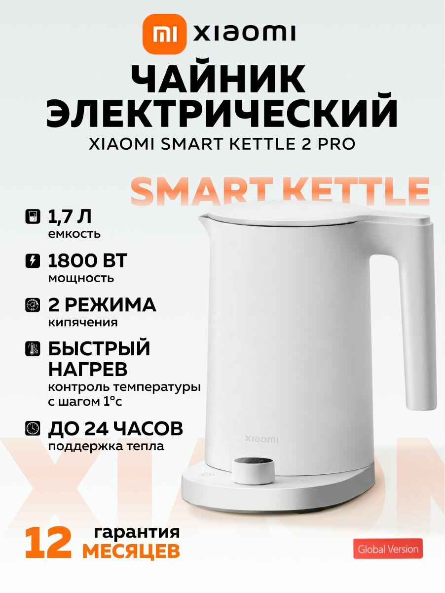 Чайник электрический Xiaomi Smart Kettle 2 Pro, белый (с евровилкой) / модель: MJJYSH01-A / BHR9107EU