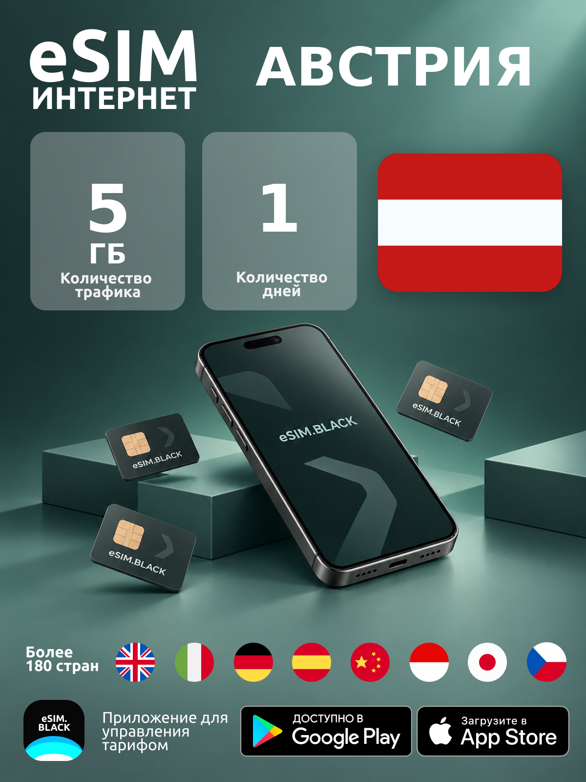 Австрия/1 день/5 ГБ - eSIM для мобильного интернета ( iPhone | Android ).