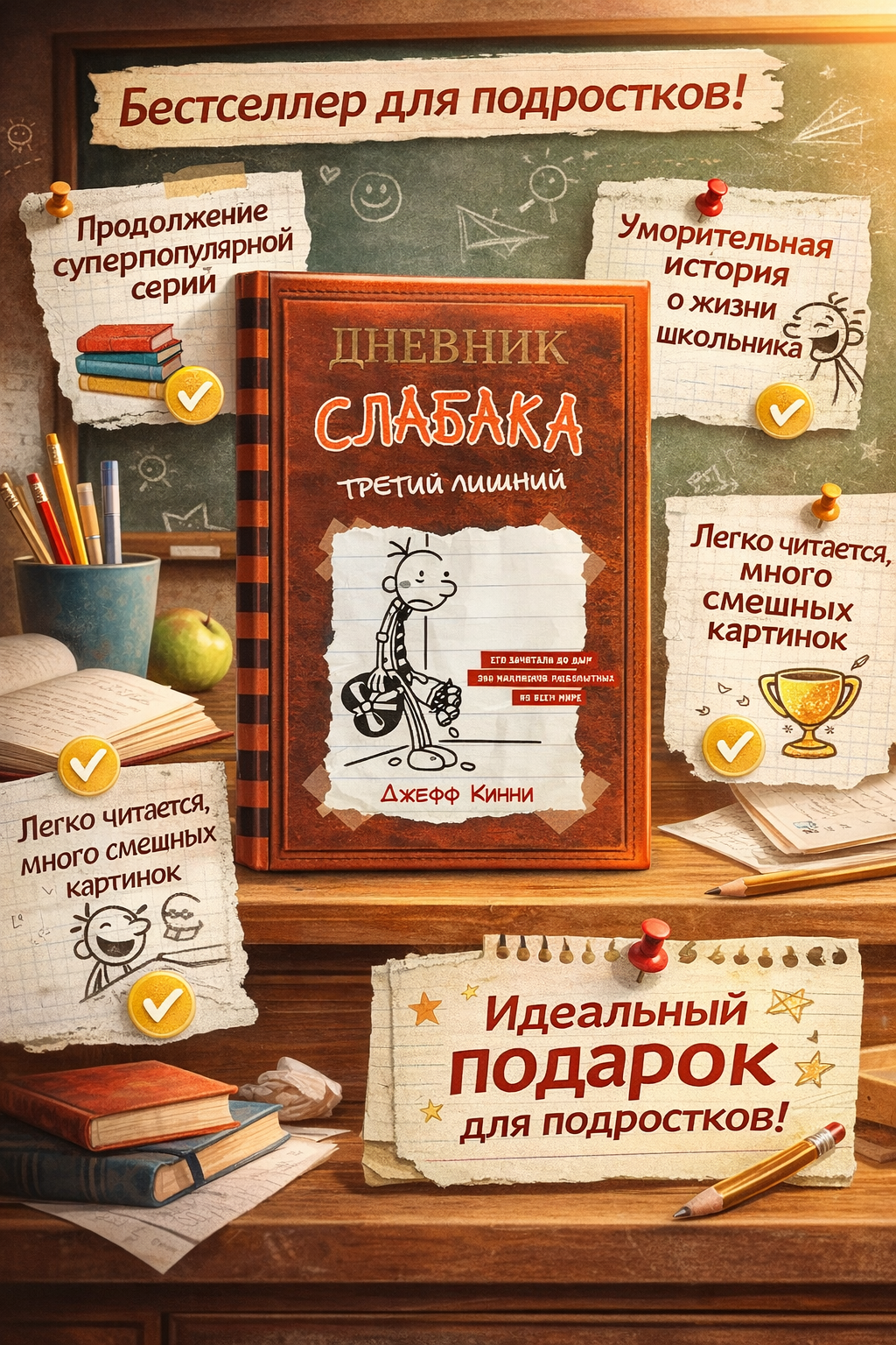 Дневник слабака Третий лишний Джефф Кинни детская книга бестселлер с иллюстрациями