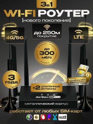 Изображение товара Роутер WIFI 6 с сим картой 4G/5G, скорость до 300 Мбит/с, покрытие до 250 метров, до 48 устройств