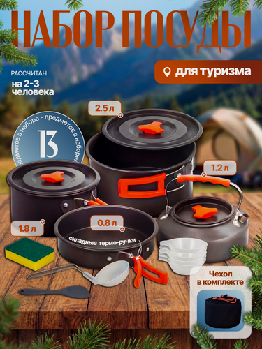 Изображение товара Набор посуды туристический, посуда для похода и кемпинга, путешествий , рыбалки и охоты 13 предметов