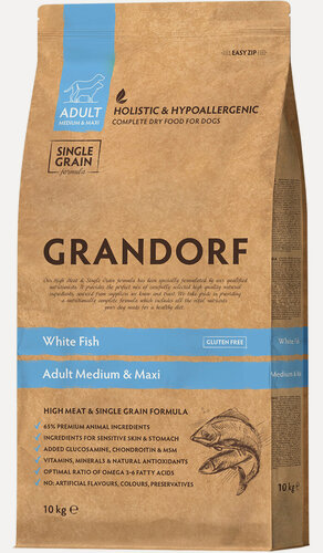 Изображение товара Корм сухой Grandorf Single Grain Dog Adult Medium & Maxi White Fish низкозерновой для взрослых собак средних и крупных пород, белая рыба, 10 кг