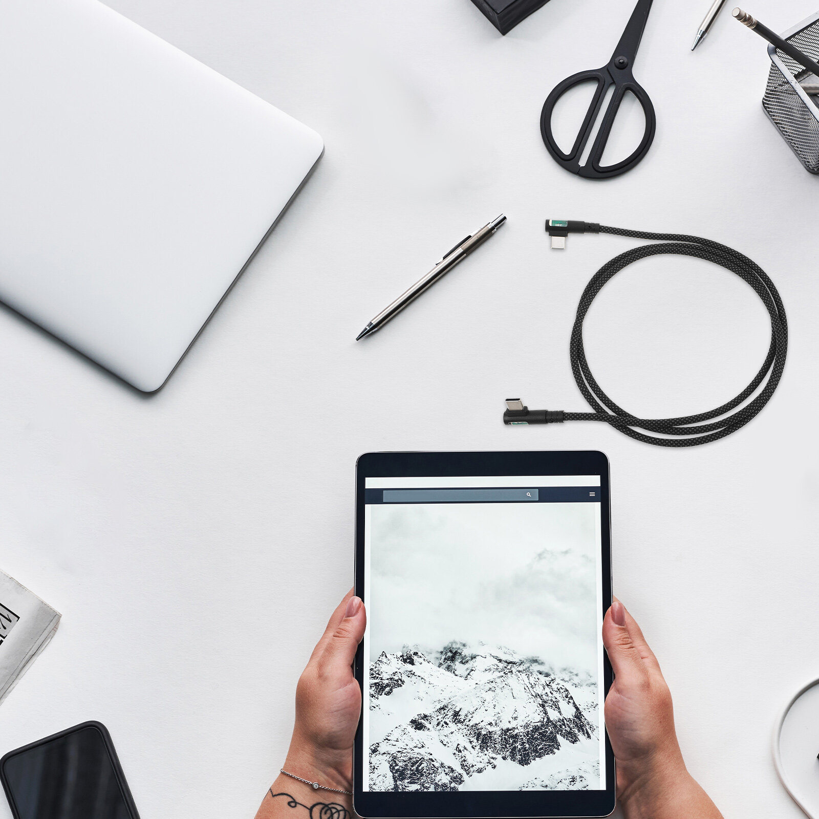 Шнур Зарядки Usb-C С Двойным Углом Для Быстрой Зарядки И Передачи Данных Чёрный 100.00X1.50X0.50Cm