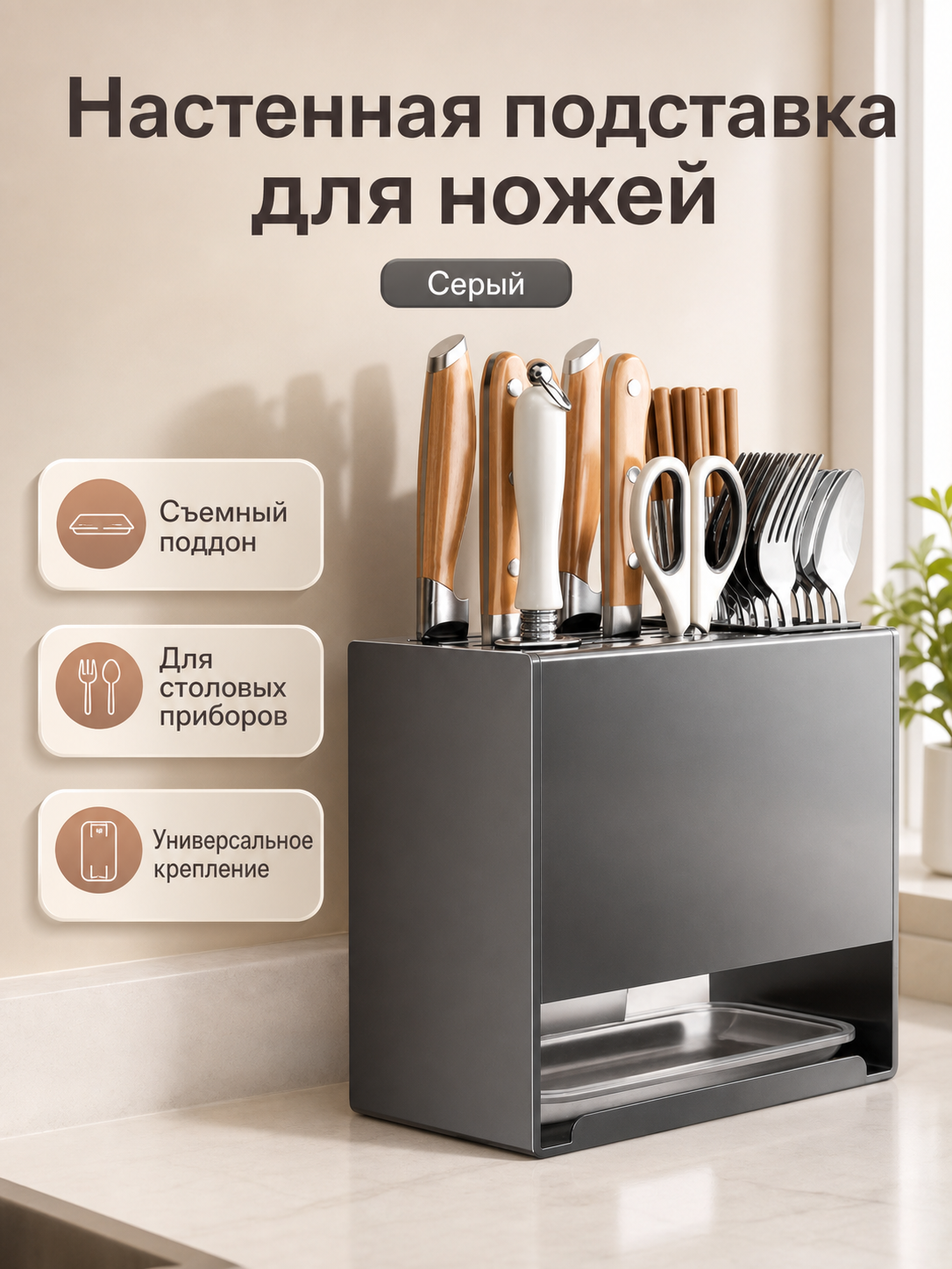 Органайзер для ножей и столовых приборов, настольный или настенный держатель для кухни, серый