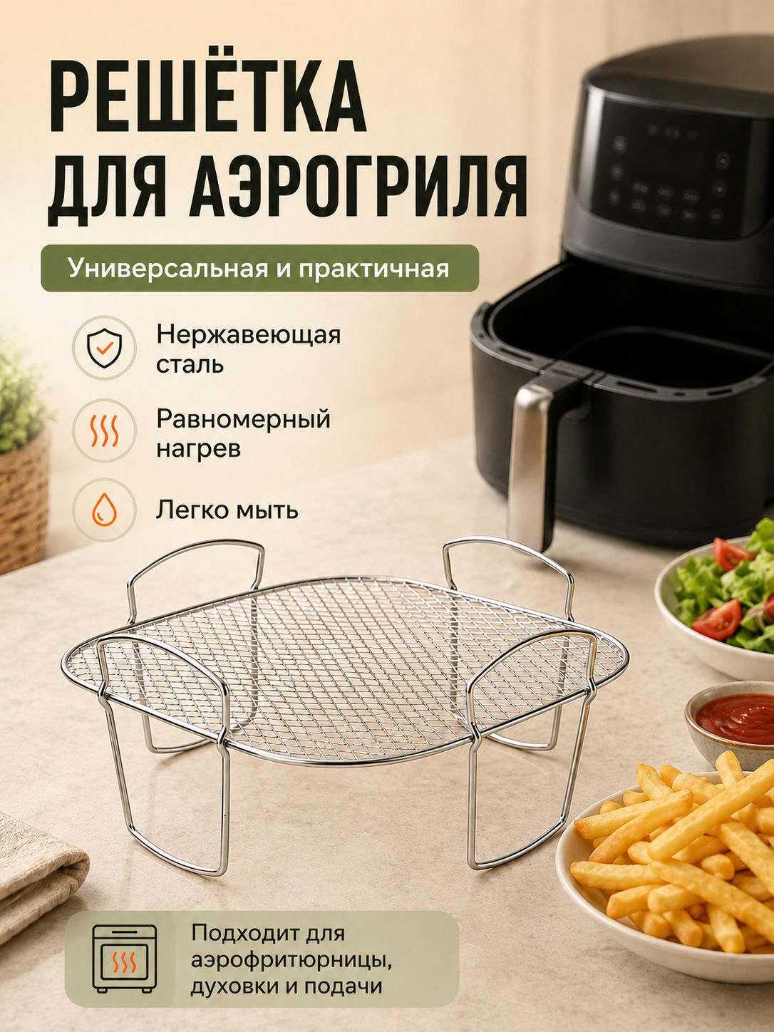 Решетка для аэрогриля квадратная с ножками из нержавеющей стали, размер 21x22x9.5 см, материал нержавеющая сталь 304