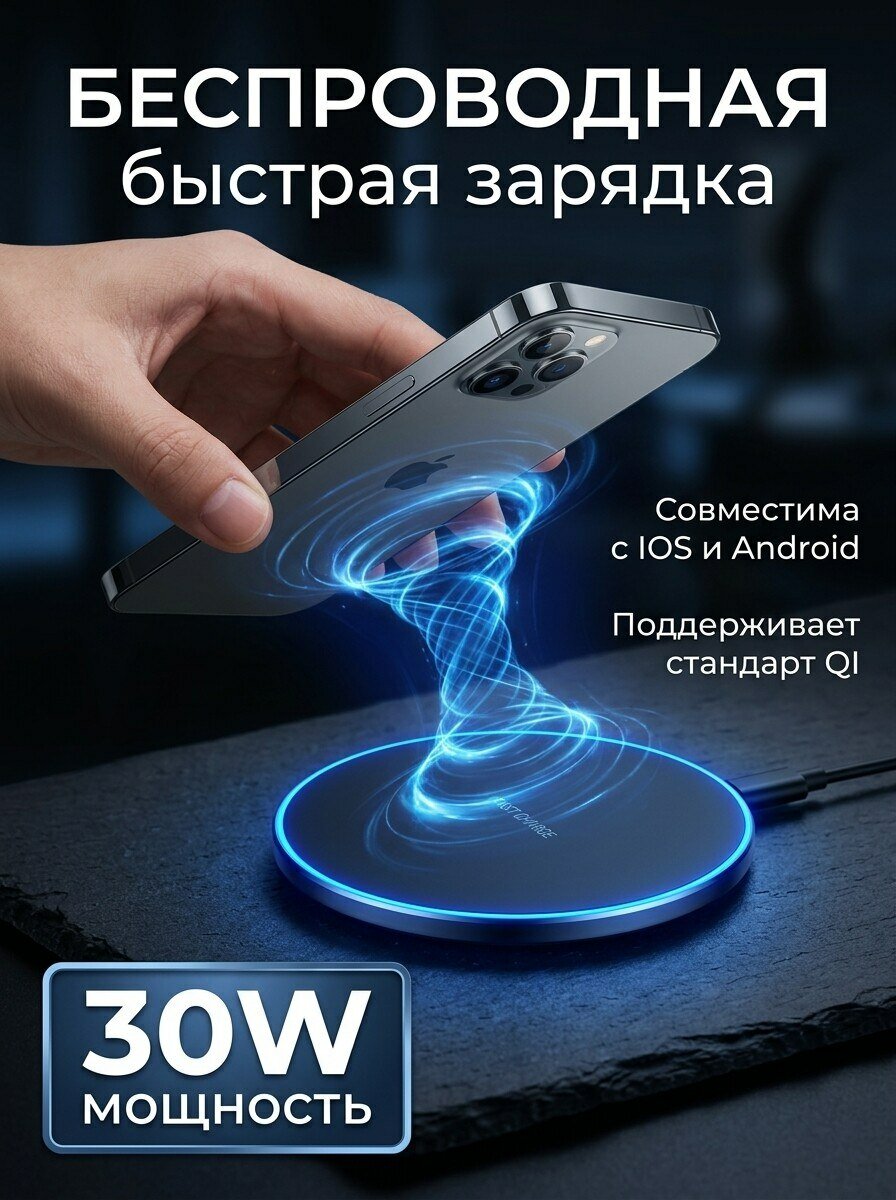 Беспроводная зарядка для iPhone, Android, Xiaomi, Samsung, черная, 30 вт