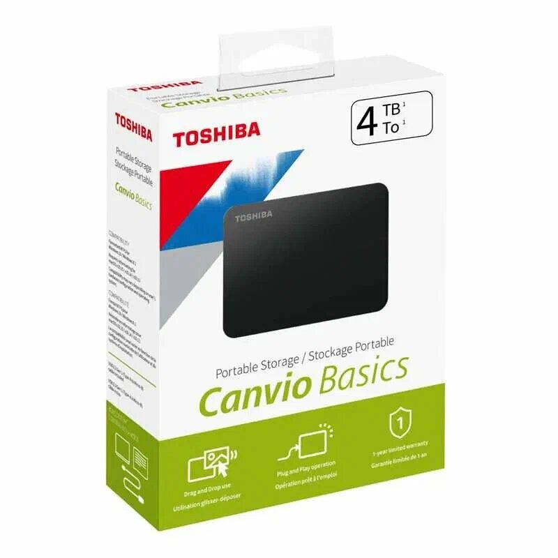 Внешний HDD Toshiba "Canvio Basics", 4ТБ, USB 2.0, ударопрочный, пластиковый корпус