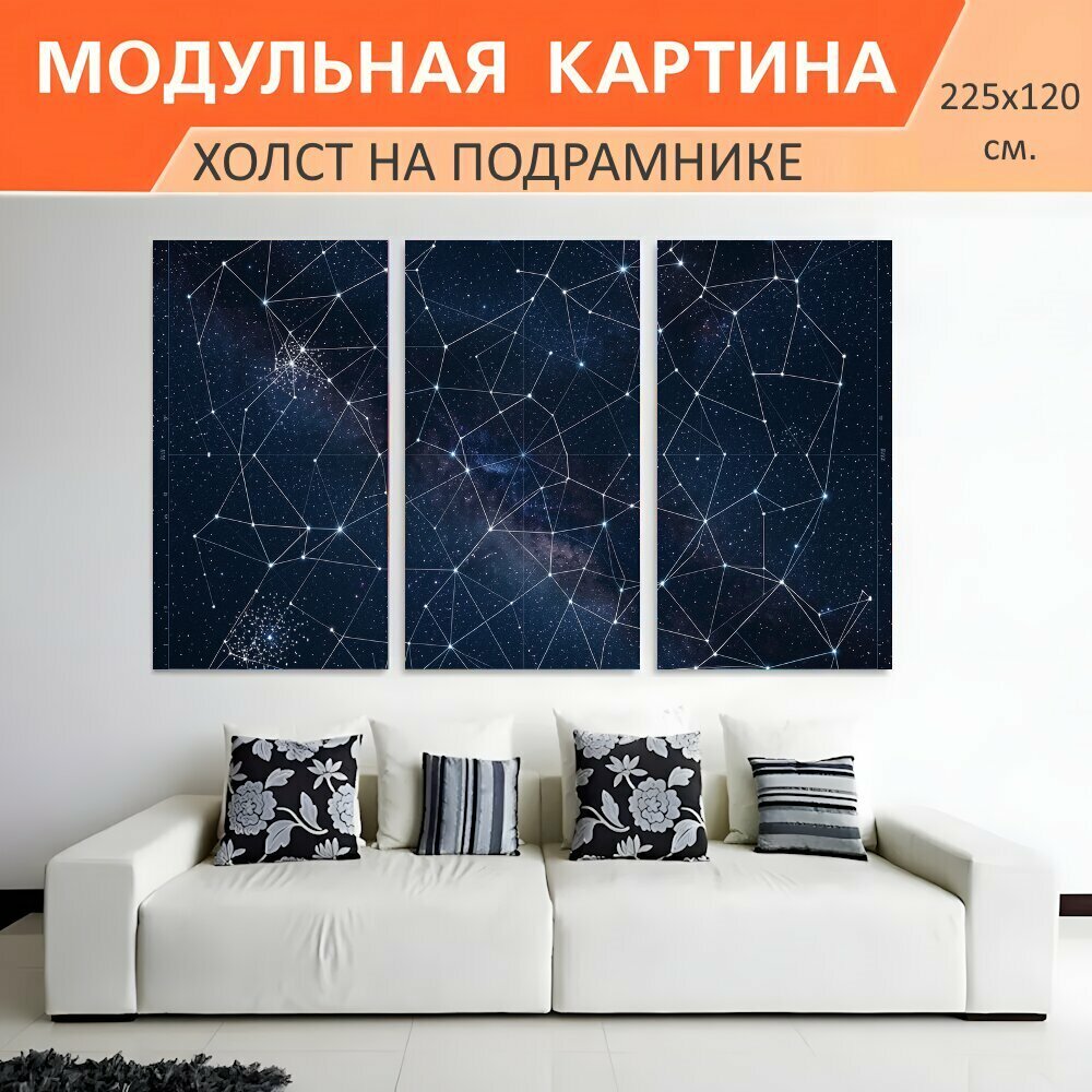 Модульная картина на холсте "Звездное небо с созвездиями. Тёмный космический фон с россыпью ярких звёзд, тонкими светящимися линиями." триптих на подрамнике 225х120 см. для интерьера