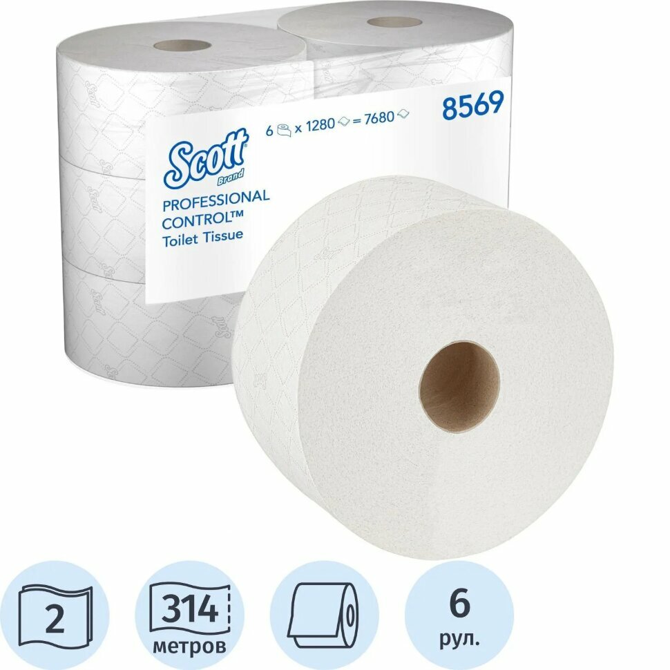 Бумага туалетная д/дисп KK Scott Controll с ЦВ 2сл белая 314м 6 рул/уп_8569, 1095374