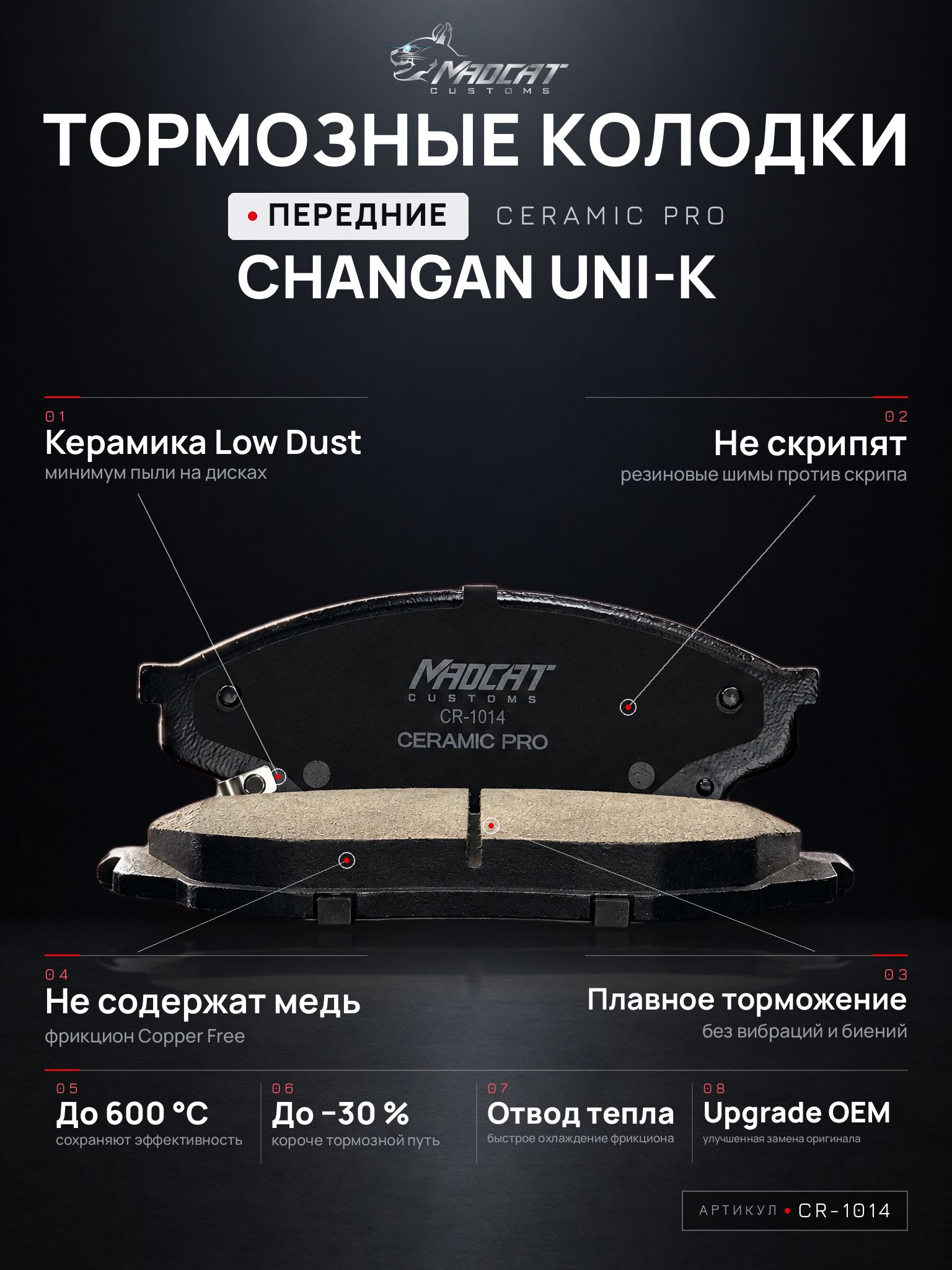 Колодки тормозные передние MADCAT CUSTOMS CR-1014 Changan UNI-K