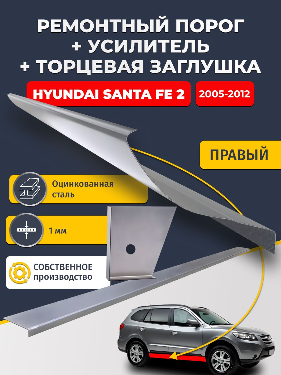 Правый стандартный ремонтный порог + усилитель + торцевая заглушка на Hyundai Santa Fe 2 2005-2012 (Хендай Санта Фе 2), оцинкованная сталь 1 мм.