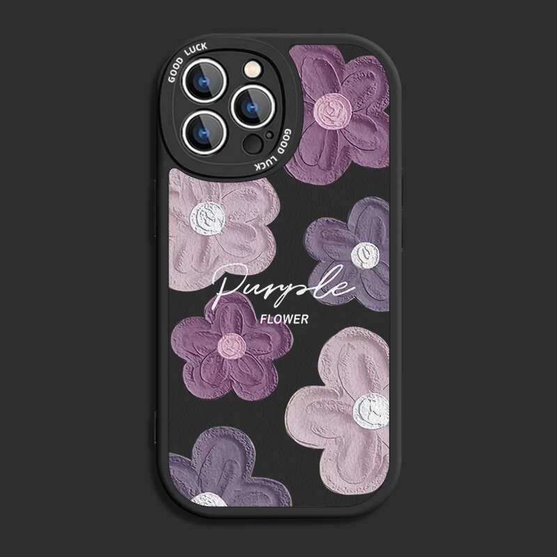 IPhone 12 Pro Защитный чехол с фиолетовым цветочным фальшивым кожей в цвете глубокий черный без основы