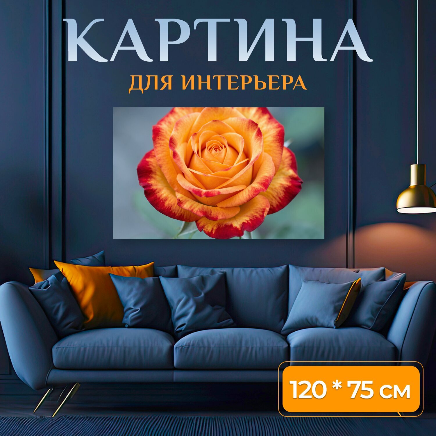 Картина на холсте "Оранжевая роза с красной каймой. Крупный цветок с пылающими лепестками в оттенках оранжевого, жёлтого и алого, мягкий." на подрамнике 120х75 см. для интерьера