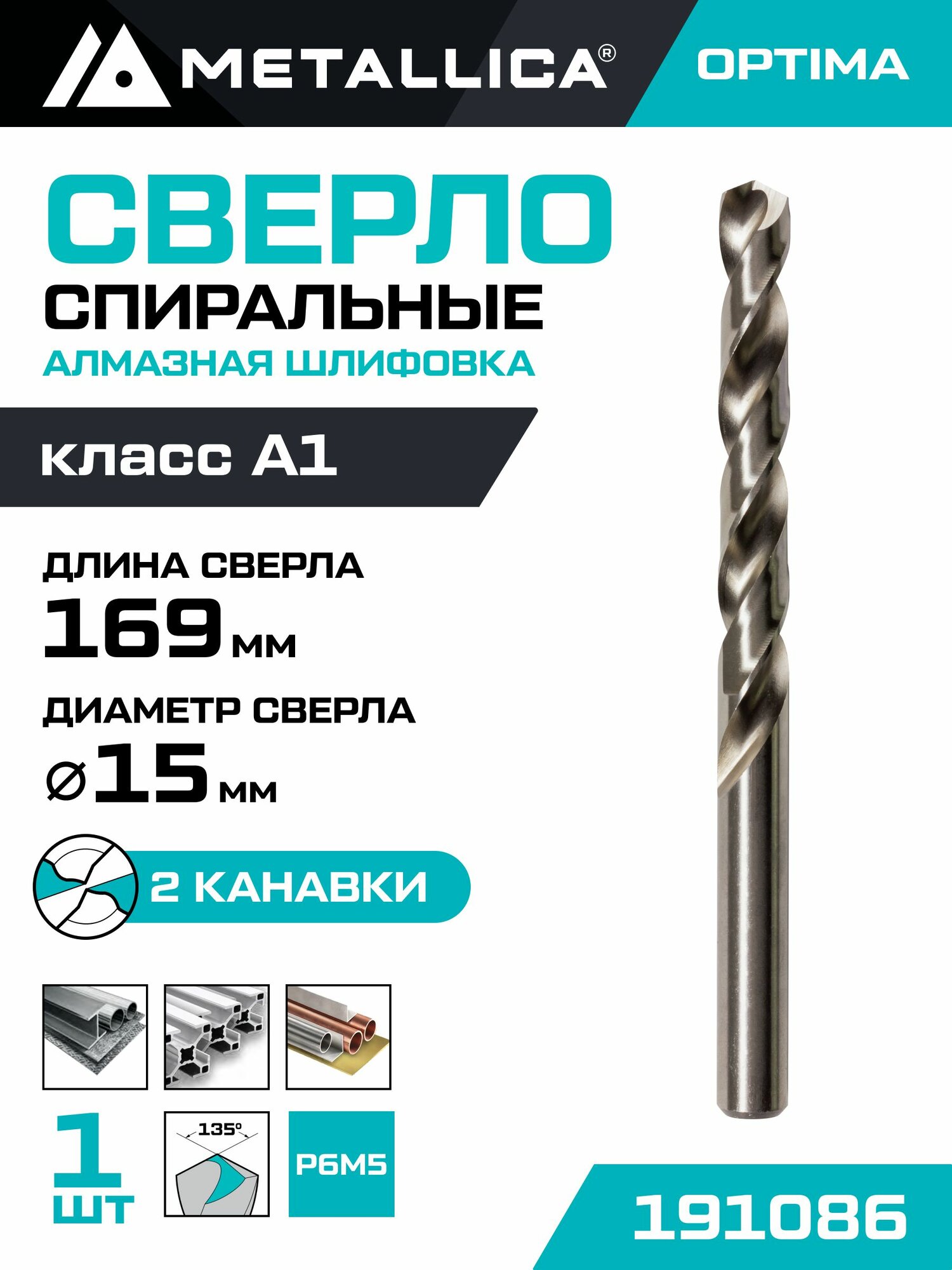 Сверло по металлу шлифованное METALLICA Optima 15,0х169/114 мм, Р6М5-FG, 1 шт