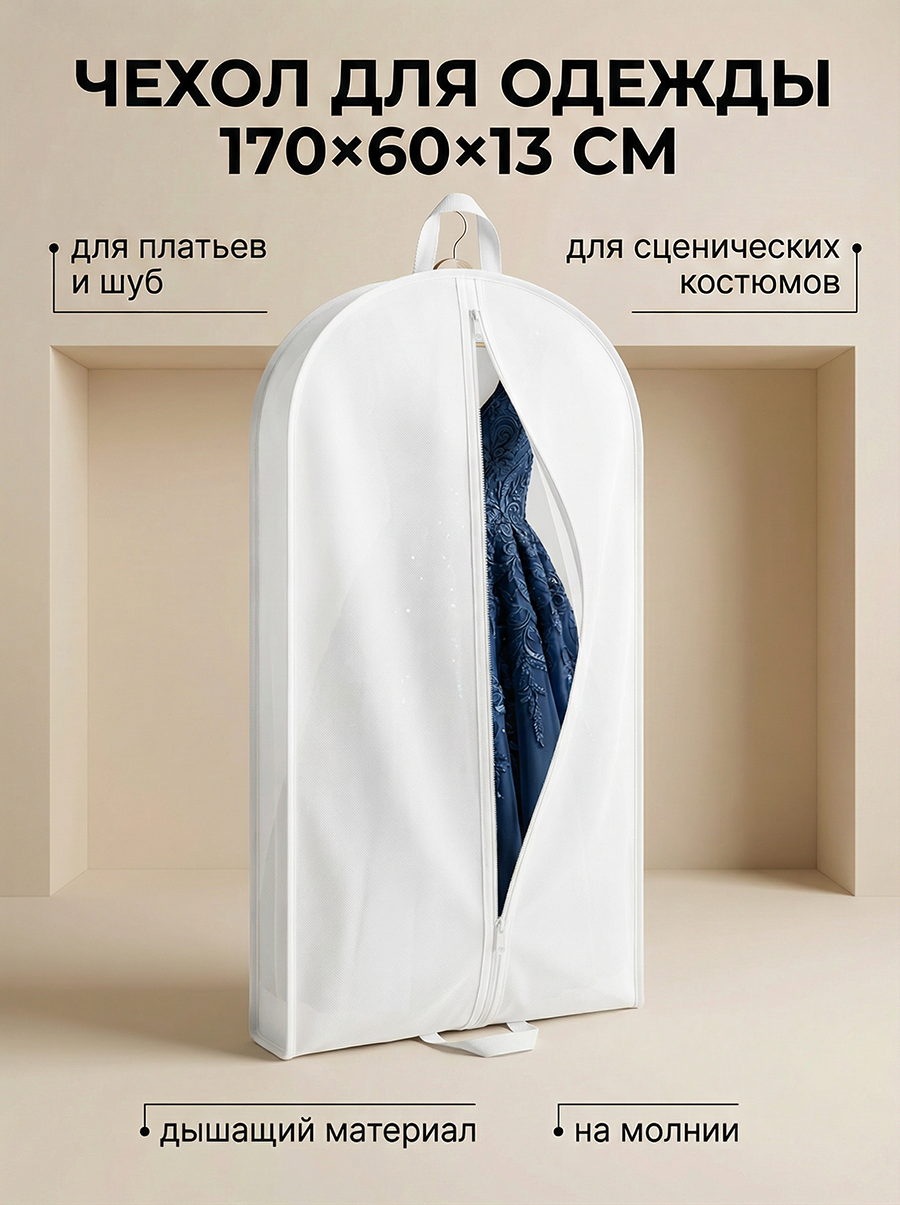 Чехол для одежды длинный 60х170х13 на молнии, кофр для хранения платьев, шубы и верхней одежды, спанбонд белый