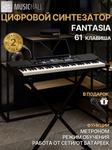 Изображение товара Синтезатор 61 клавиша с микрофоном и режимом обучения MusicHall Fantasia, черный