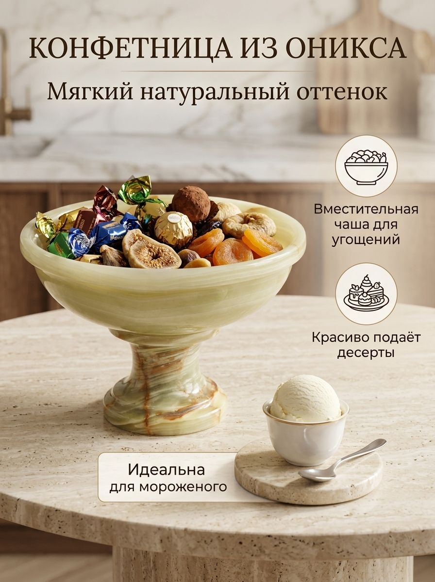 Креманка на ножке из цельного натурального оникса, фруктовница для десертов, варенья, мороженог