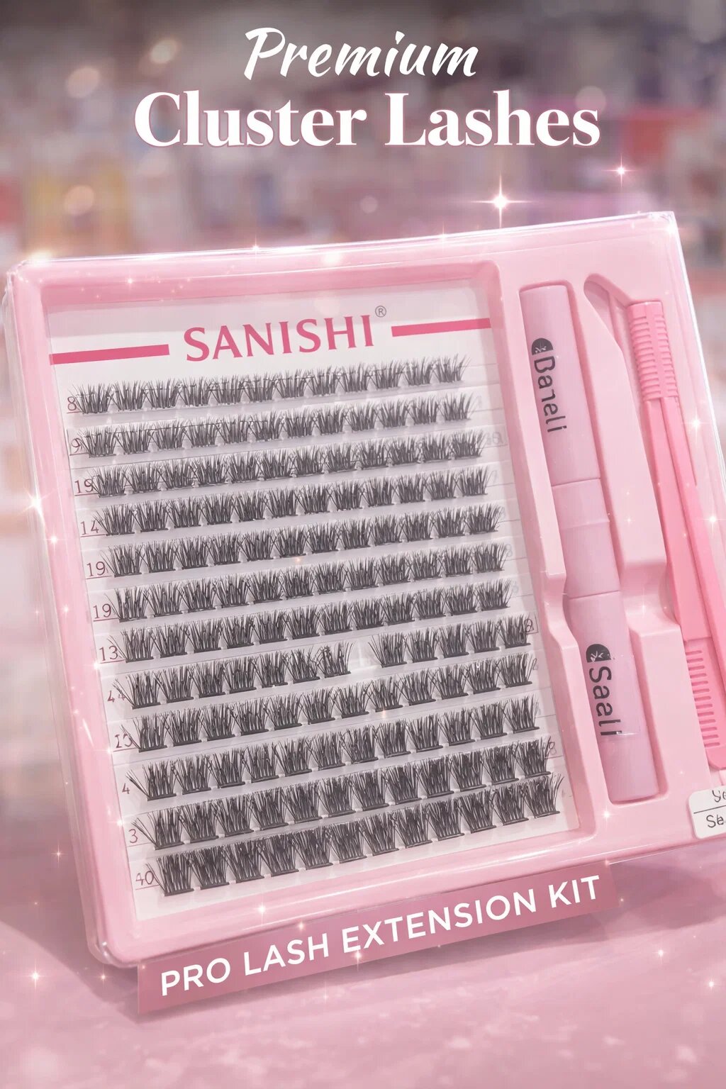 Набор накладных ресниц Sanishi Bond, 9-14мм, MIX, с клеем, фиксатором и пинцетом