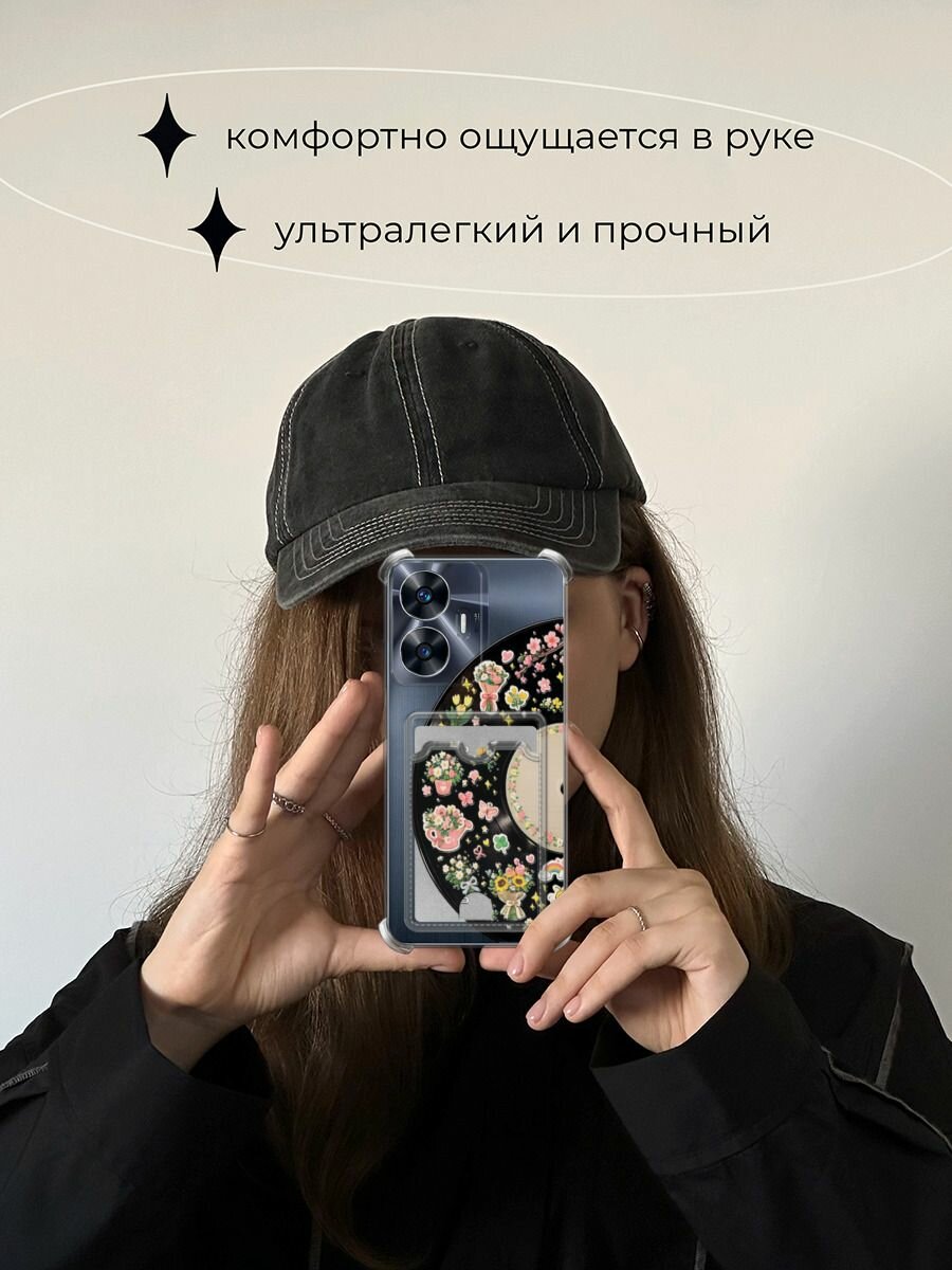Чехол на Realme C55 (Реалми C55) с картой и принтом Виниловая пластинка с наклейками — фото 1