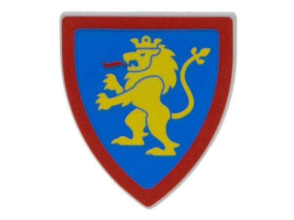 Деталь Lego 3846pb064 Minifigure, Shield Triangular with Yellow Lion Standing with Raised Foot on Blue Background with Red Border Pattern