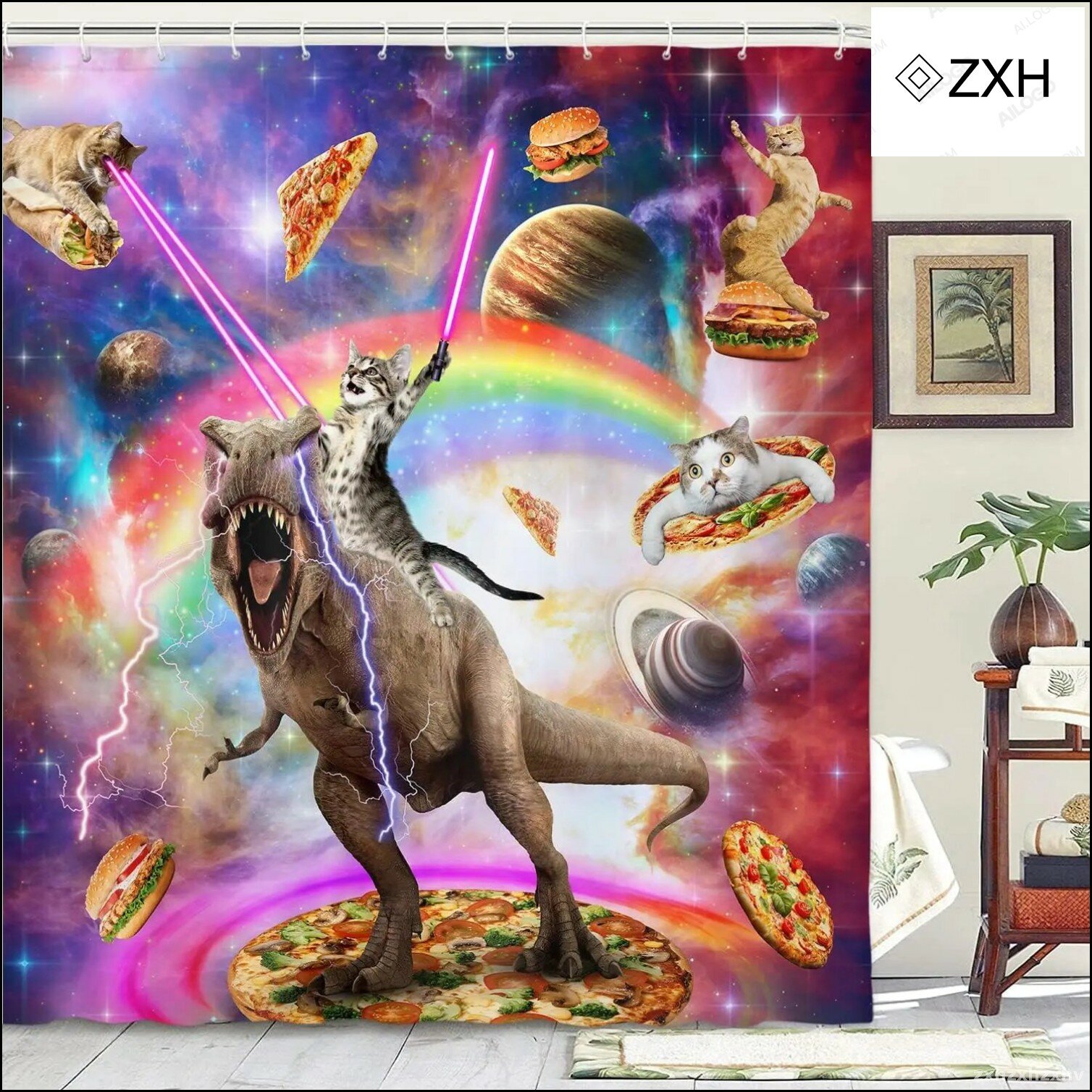 Занавеска для душа кот на динозавре, 140x180 см, zjl-250616000115