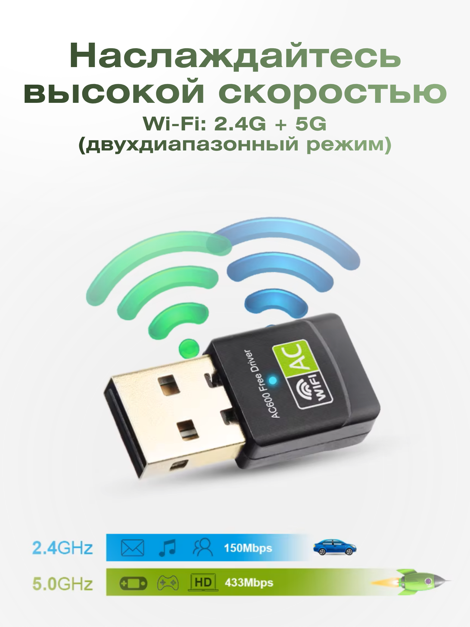 Wifi usb адаптер для компьютера 5 ггц ,600M беспроводной сетевой адаптер wifi для пк Windows XP/Vista/7/8/8.1/10 — фото 1