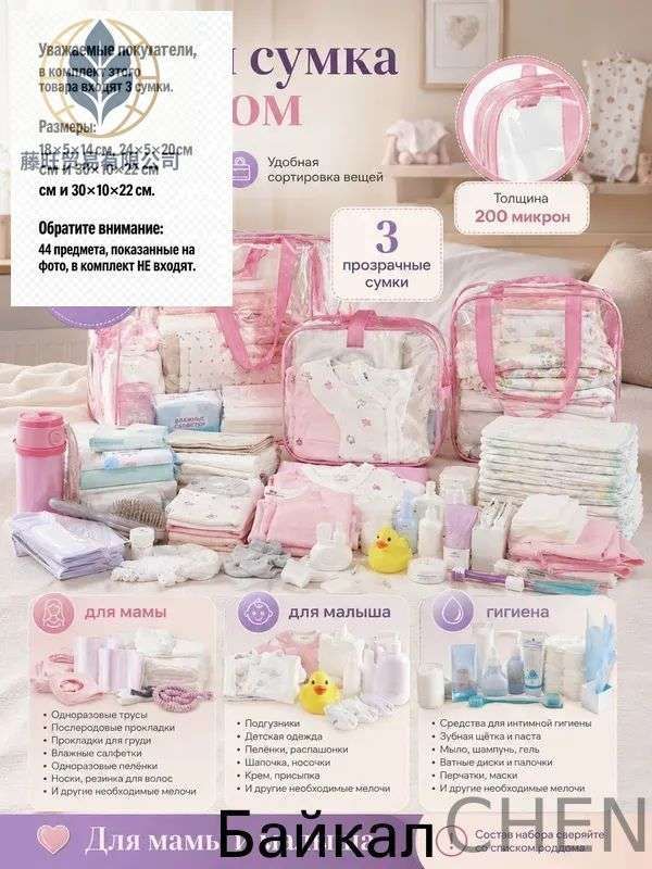 Готовая сумка в роддом для мамы и малыша, прозрачный набор , 3 сумки