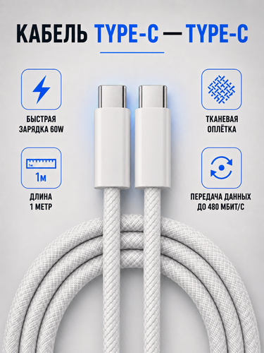 Изображение товара Кабель USB Type-C — Type-C PD 60W, 1 м, белый, текстильная оплётка, для iPhone 15/16 и Android