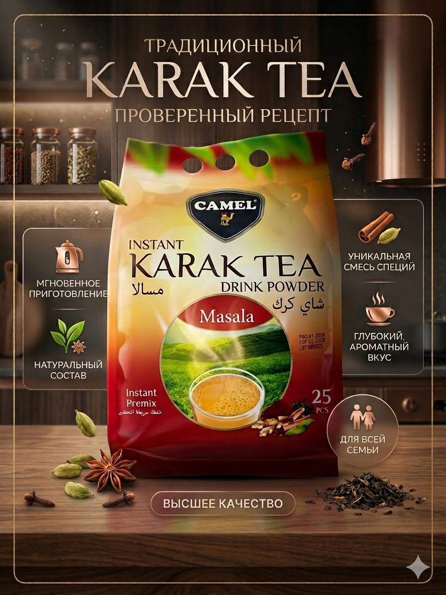 Чай растворимый Karak Masala, Camel, 25 пакетиков, 500г, Турция