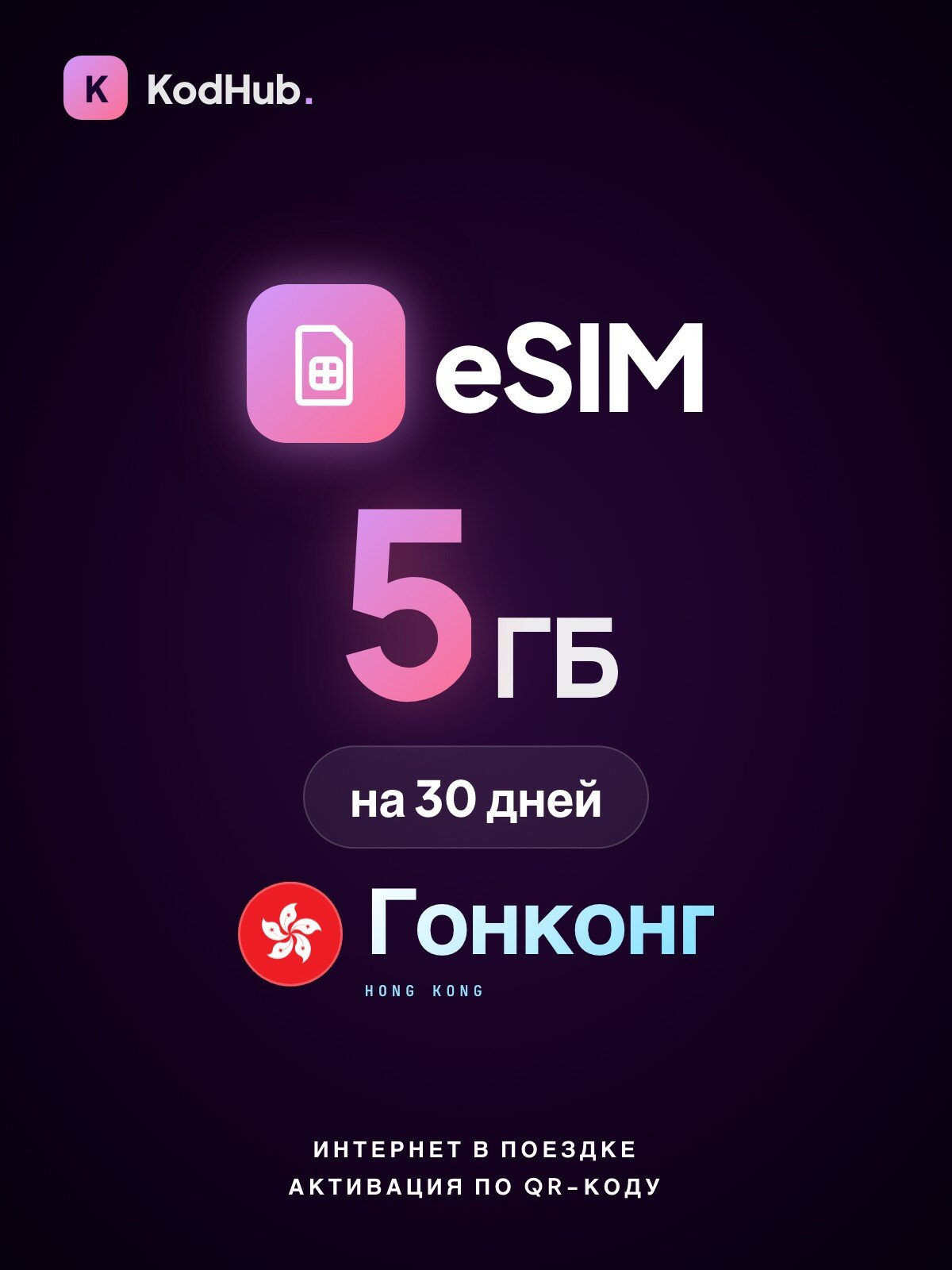 Туристическая eSIM Гонконг 5 ГБ на 30 дней | интернет в поездке, связь за границей | QR-код активации