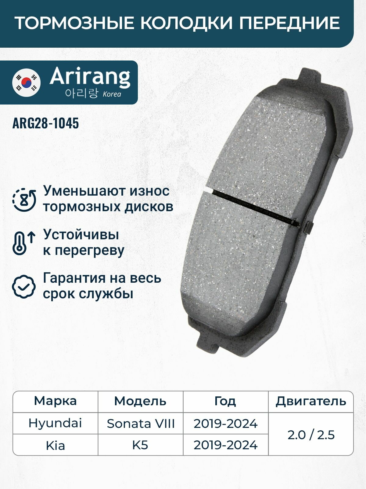 Колодки тормозные передние дисковые Хендай Соната 8, Киа К5 / OEM 58101L1A02