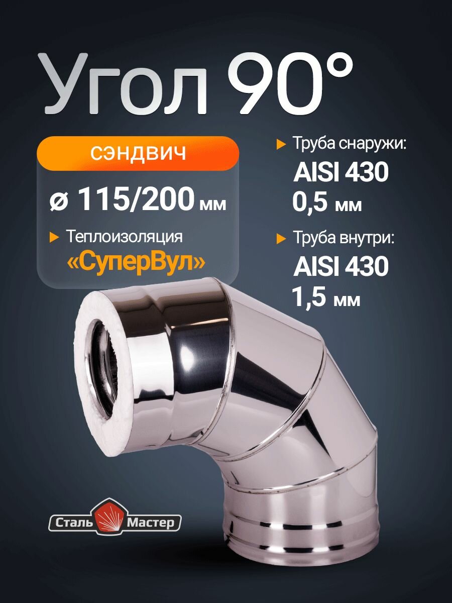 Угол сэндвич дымохода 90 из нержавейки AISI 430 1,5 мм / нерж 0,5 мм с каолиновой ватой супервул