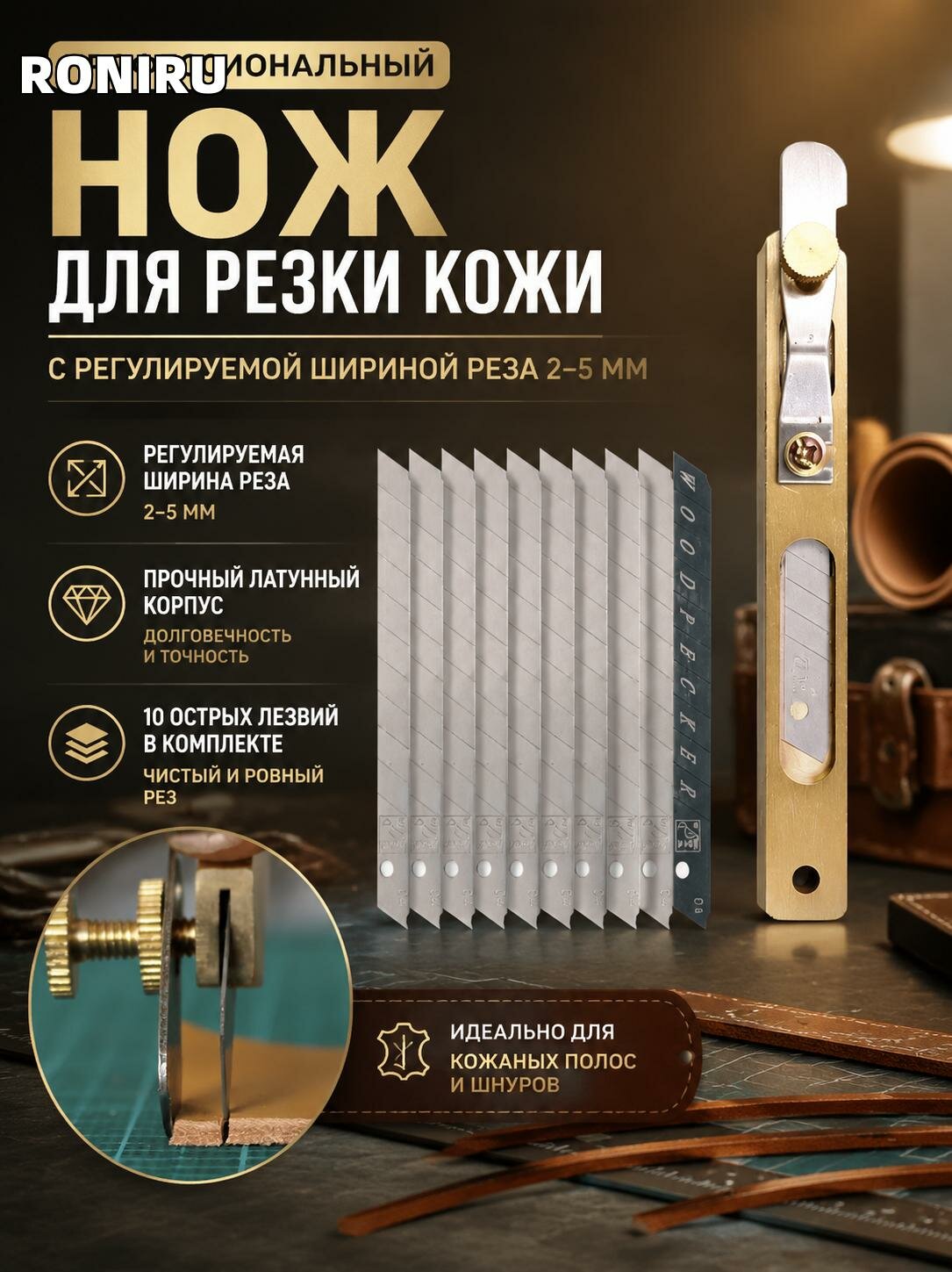 Нож для резки кожи с 10 лезвиями — инструмент с регулируемой шириной резания 2–5 мм для кожаных полос и шнуров