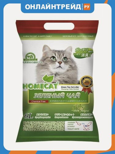 Изображение товара Наполнитель для кошачьих туалетов Homecat "Эколайн" Зеленый чай, комкующийся 6 л
