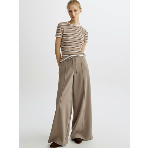 фото Брюки sela широкие женские из костюмной ткани, размер s, серо-бежевый