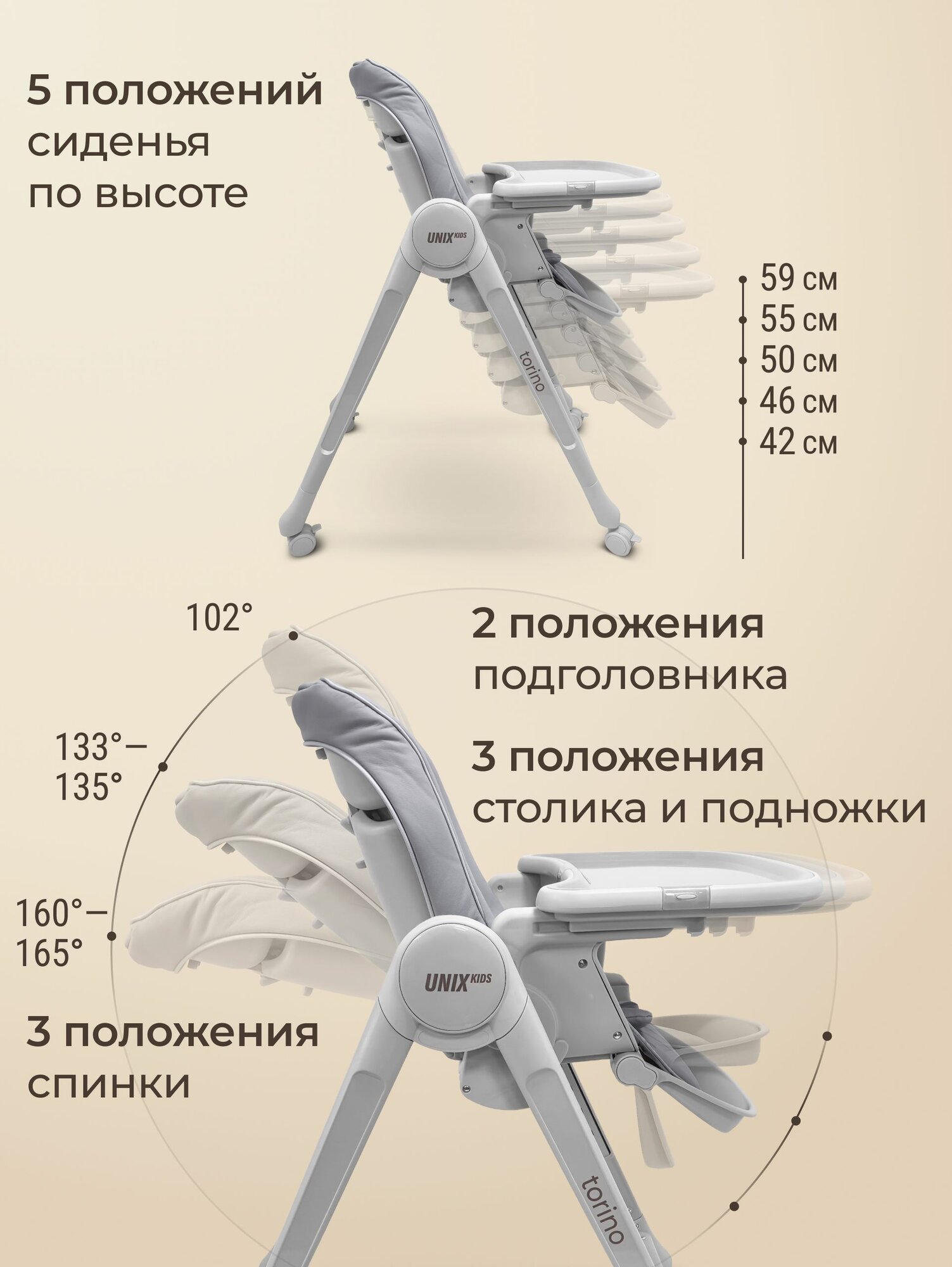 Стульчик для кормления детский UNIX Kids Torino стульчик - шезлонг для детей до 25 кг, 4 поворотных колеса, светло серый — фото 1