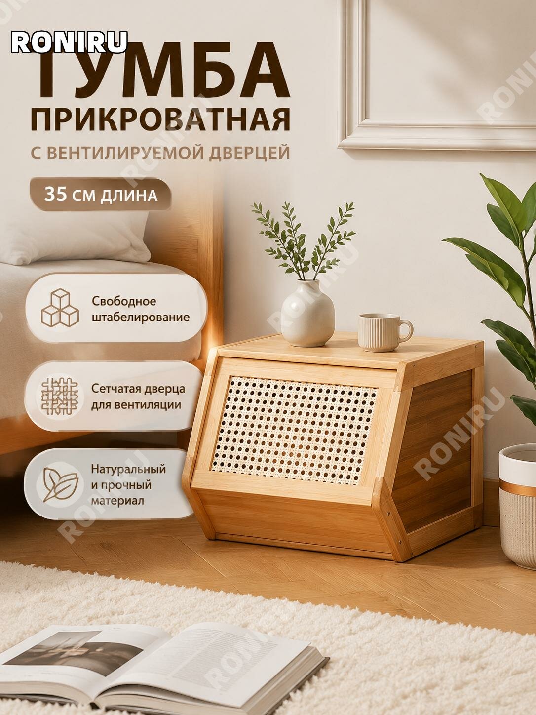 Прикроватная тумба из бамбука, шкафчик для хранения у кровати с сетчатой вентилируемой дверцей и свободной установкой
