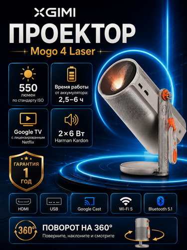 Изображение товара Проектор Xiaomi XGIMI Mogo 4 Laser 1080P с подставкой, время проведения 2,5 часа, DLP, 550 лм, серый