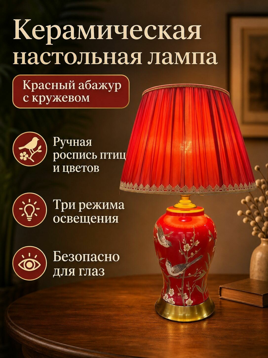 Настольная лампа в китайском стиле с керамическим основанием и абажуром: цветочный узор, императорский или кружевной регулируемый свет
