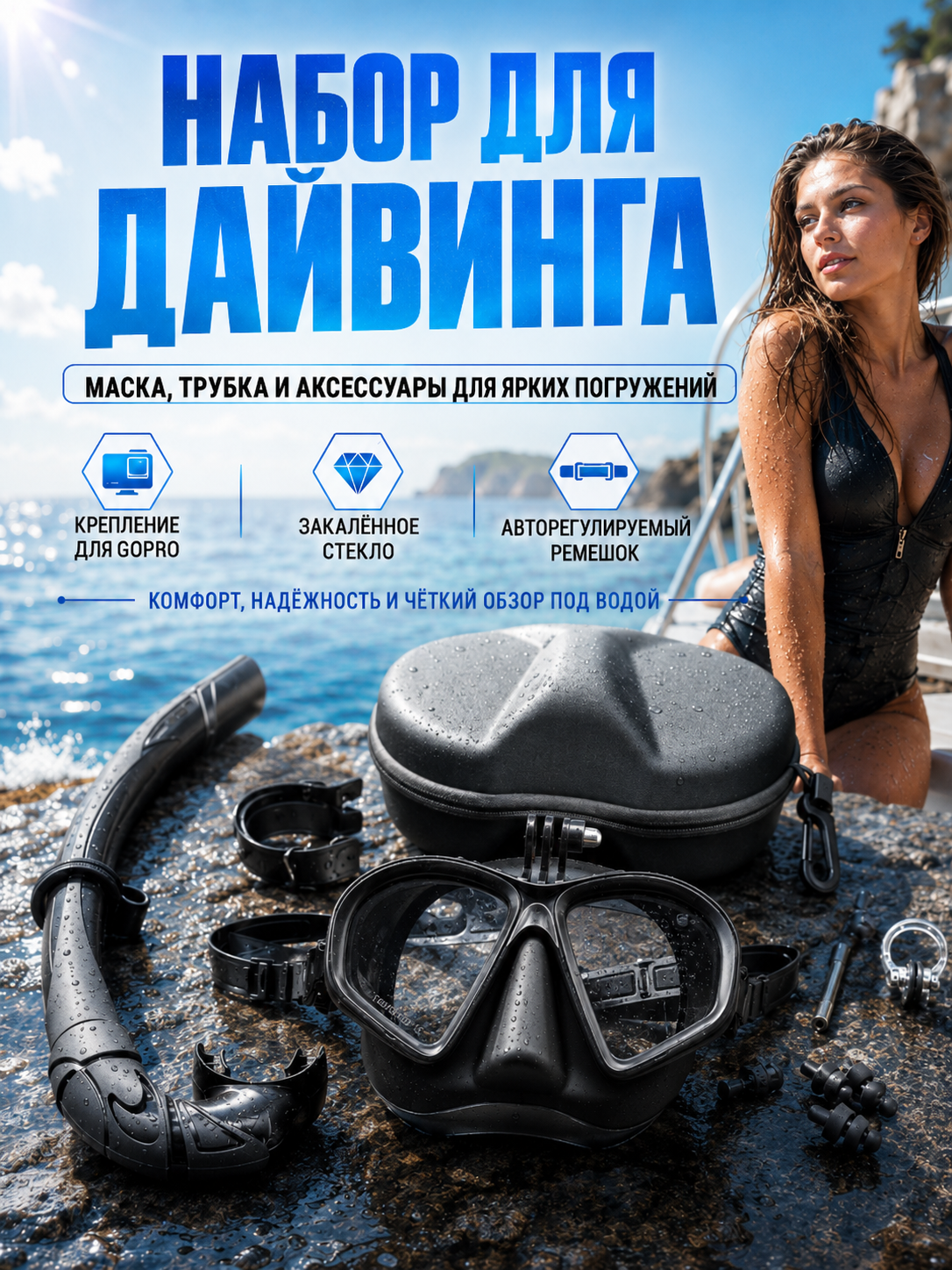Набор для сноркелинга черный, подводная маска с дыхательной трубкой, защитный кейс для плавания на море и подводной съемки