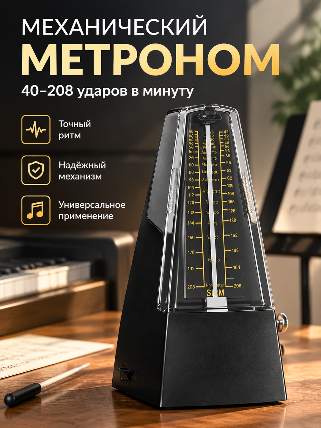 Маятниковый метроном 40–208 ударов в минуту, черный матовый