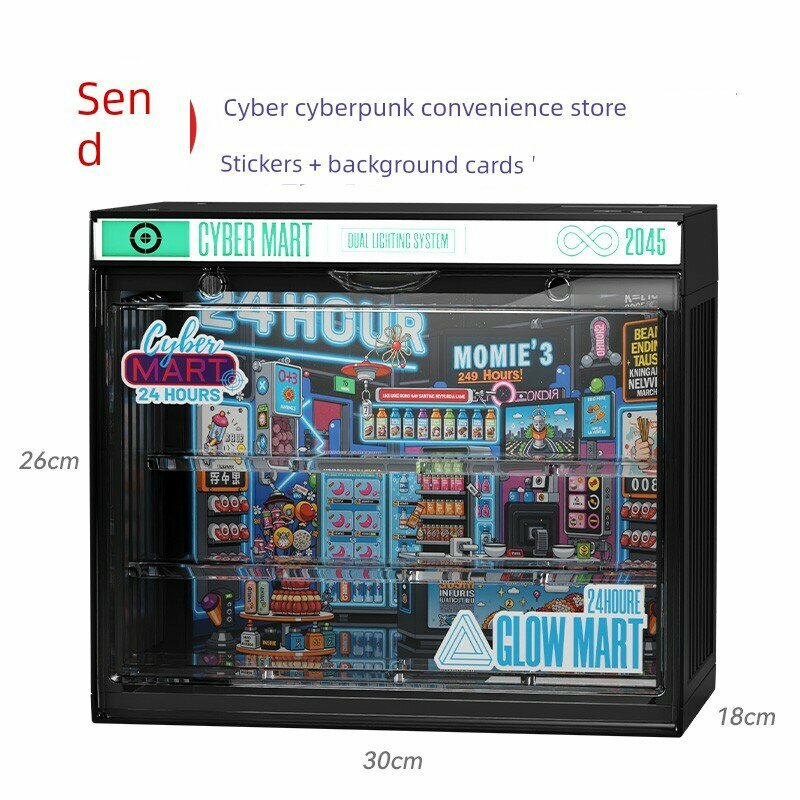 Светящийся LED дисплей для Pop Mart Labubu Mini Series - Черный, тема 'Кибер Конвеншен Стор', включая фон